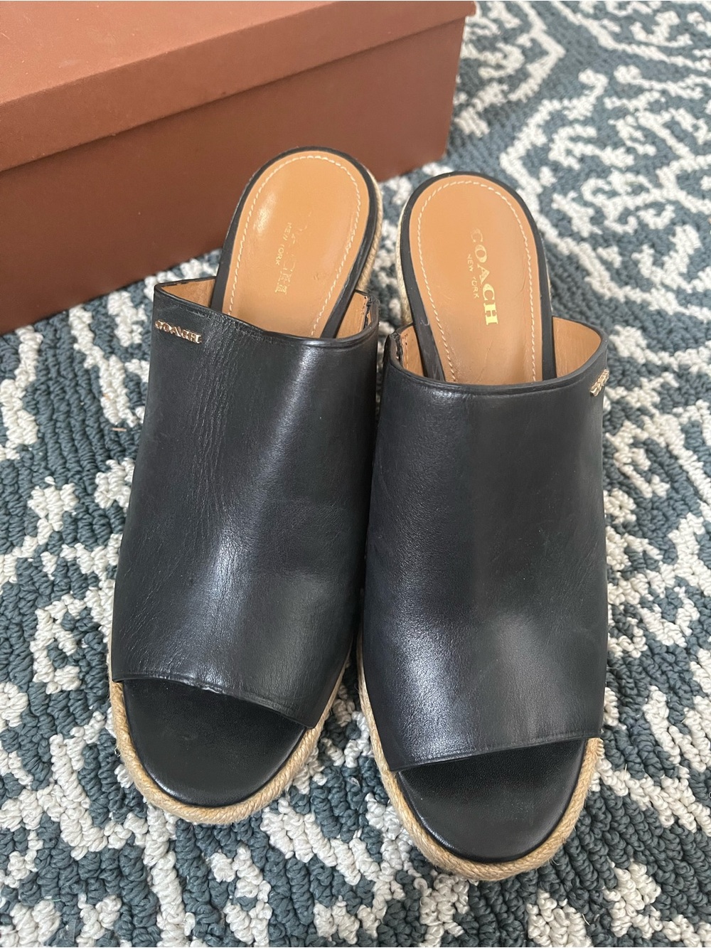Coach Black Leather Open-Toe Espadrille Slides with Tan Insole - Picture 3 of 6